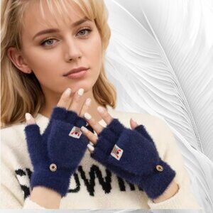 Navy Blue Fuzzy Convertible Mittens Warm Fingerless Gloves